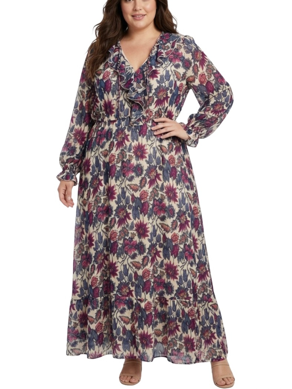 Melrose And Market Floral Long Sleeve Ruffle-Trim Maxi Dress Multicolor 1X